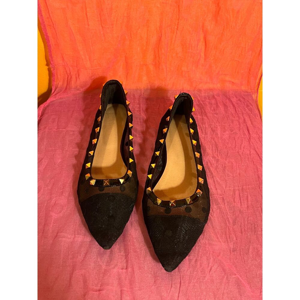 Polka Dot Mesh Point Toe Flats Gold Rhinestone Dress Shoes Women's Size [Size 8]